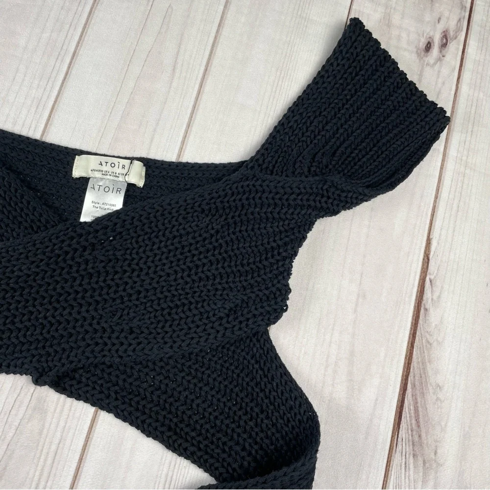 Atoir Tulip Chunky Knit Top Womens 6 Black Cropped Wrap Tie Surplice 100% Cotton - Picture 7 of 14